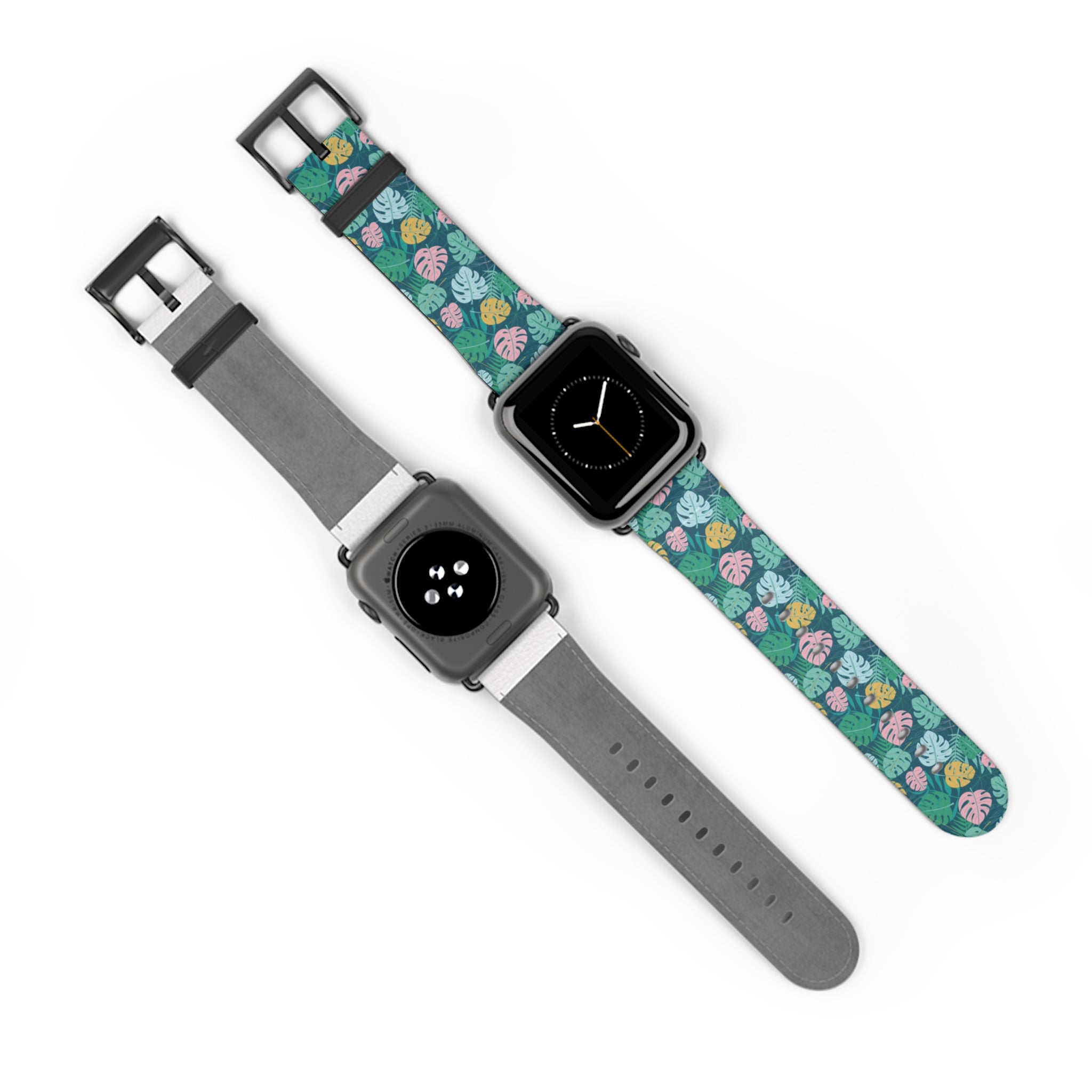 watch band with floral monstera print front back and front