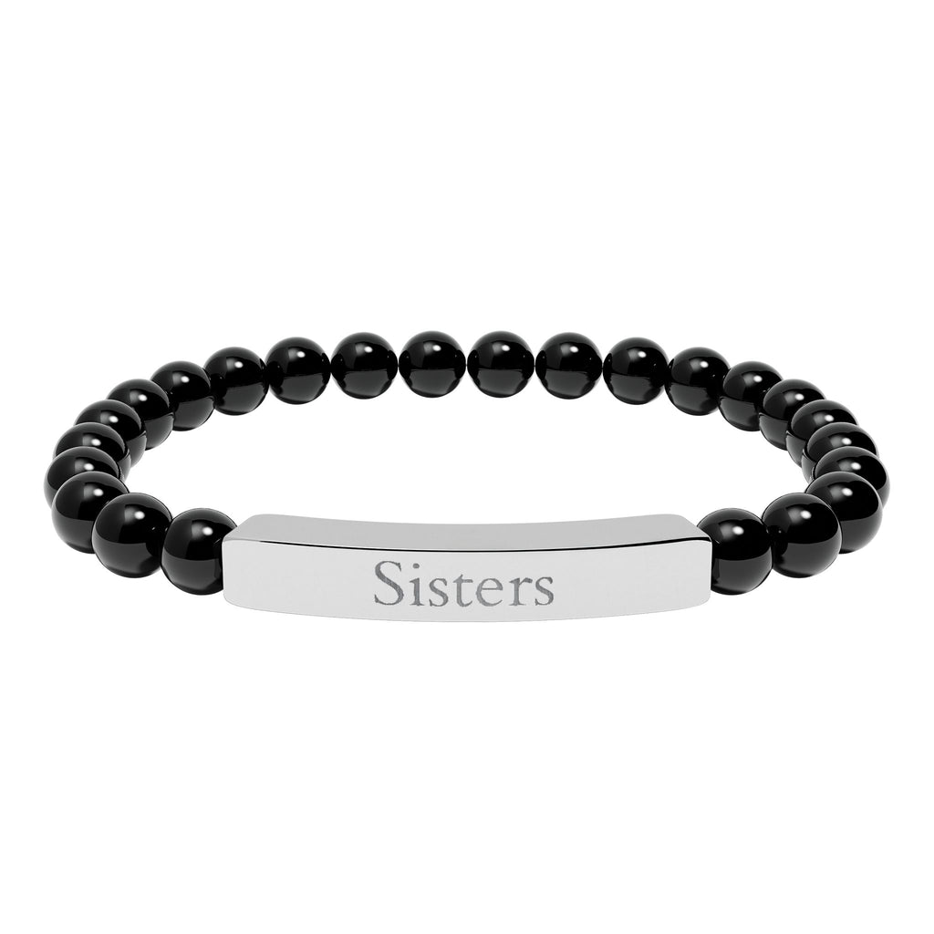 Engraved Natural Stone Bar Bracelet — "Sisters" Stretch Beaded Bracelet