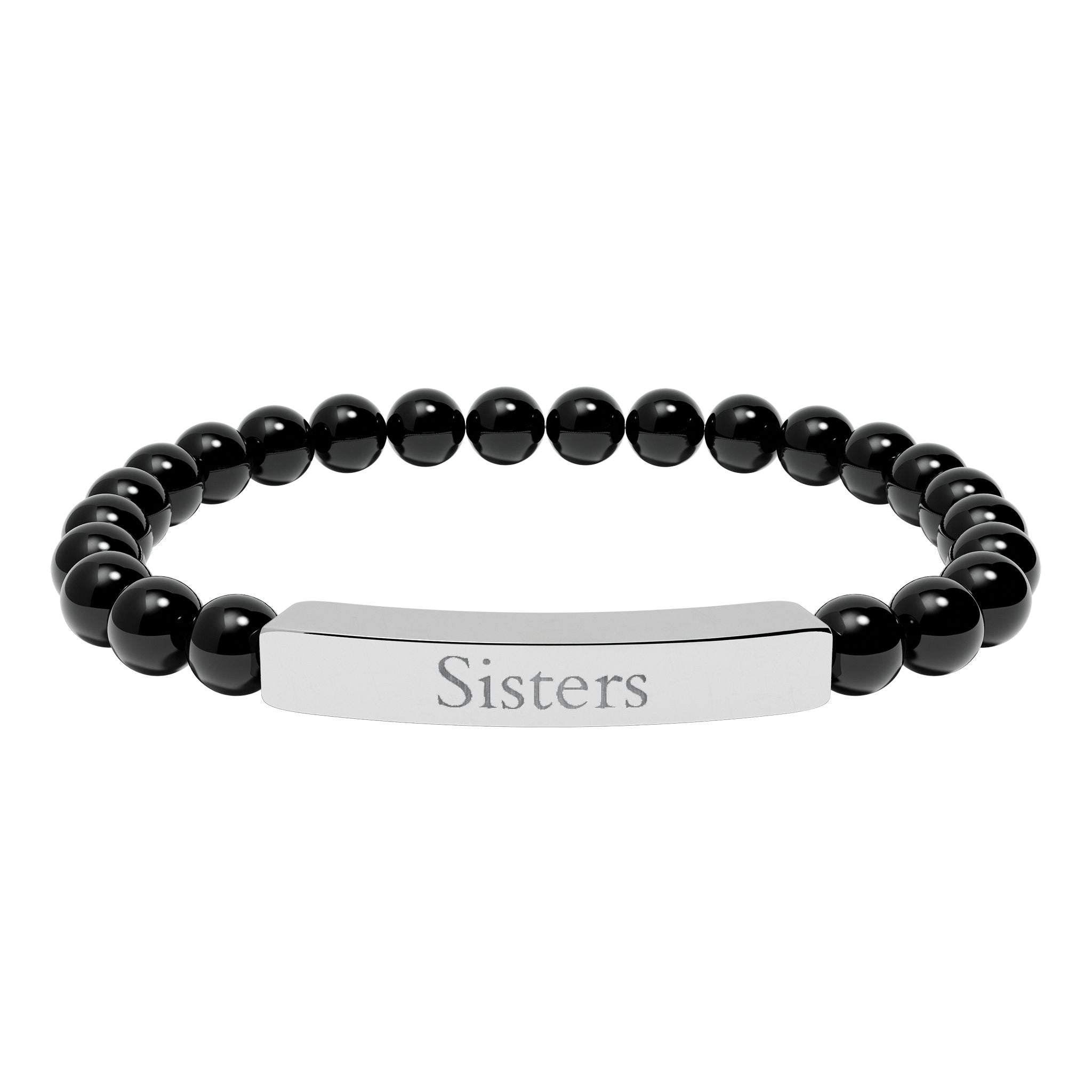 Engraved Natural Stone Bar Bracelet — "Sisters" Stretch Beaded Bracelet