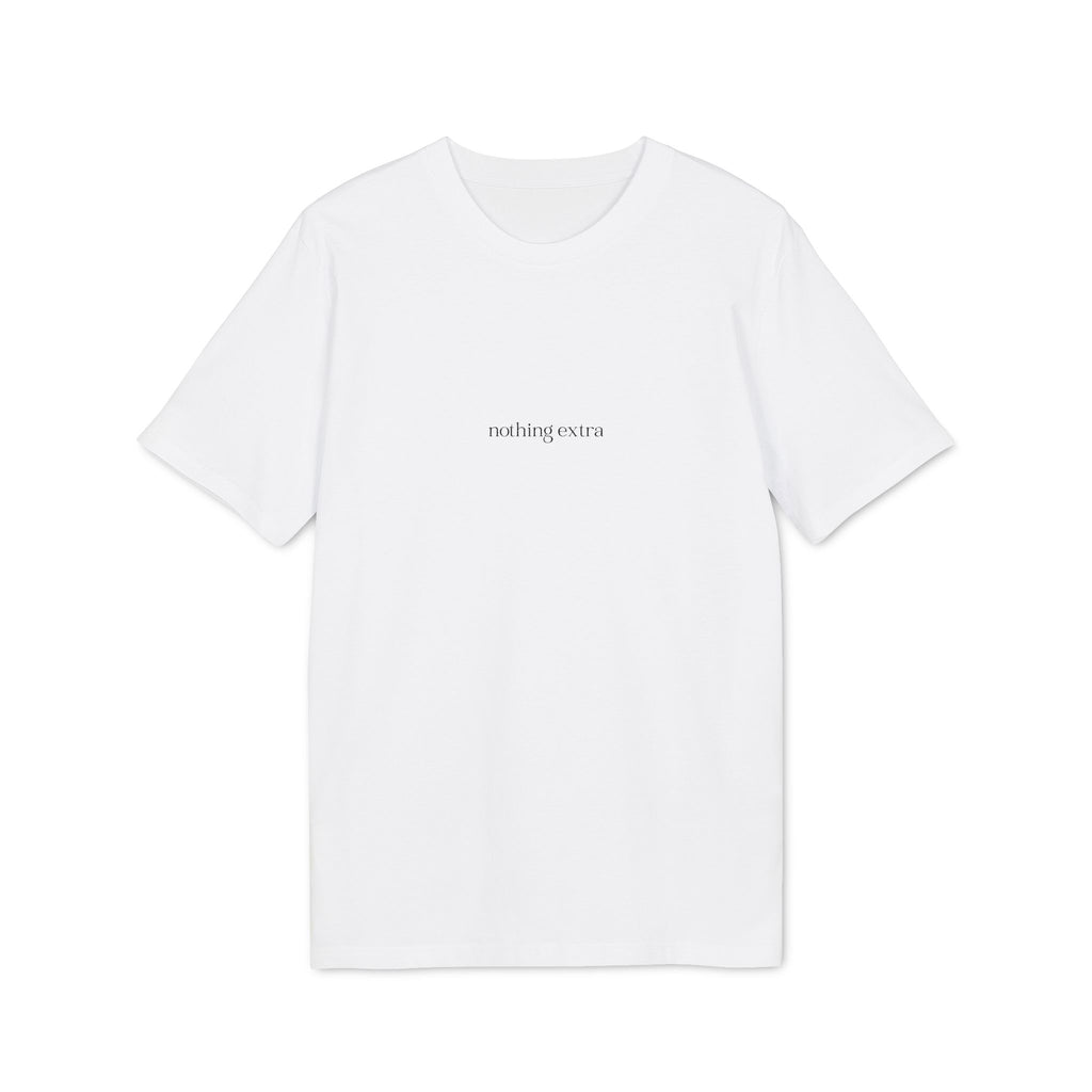 Minimal white organic cotton t-shirt with “nothing extra” text by ELVAE, clean everyday essential. Front