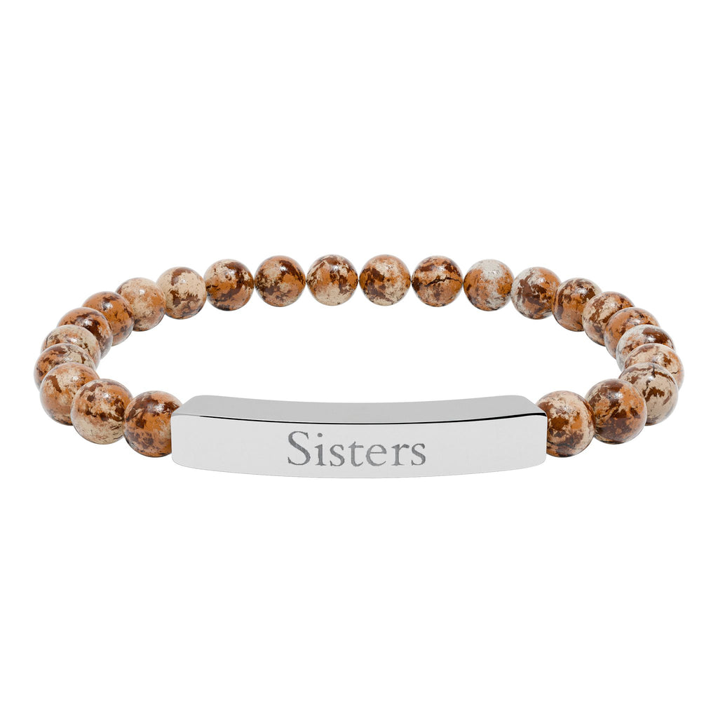 Engraved Natural Stone Bar Bracelet — "Sisters" Stretch Beaded Bracelet