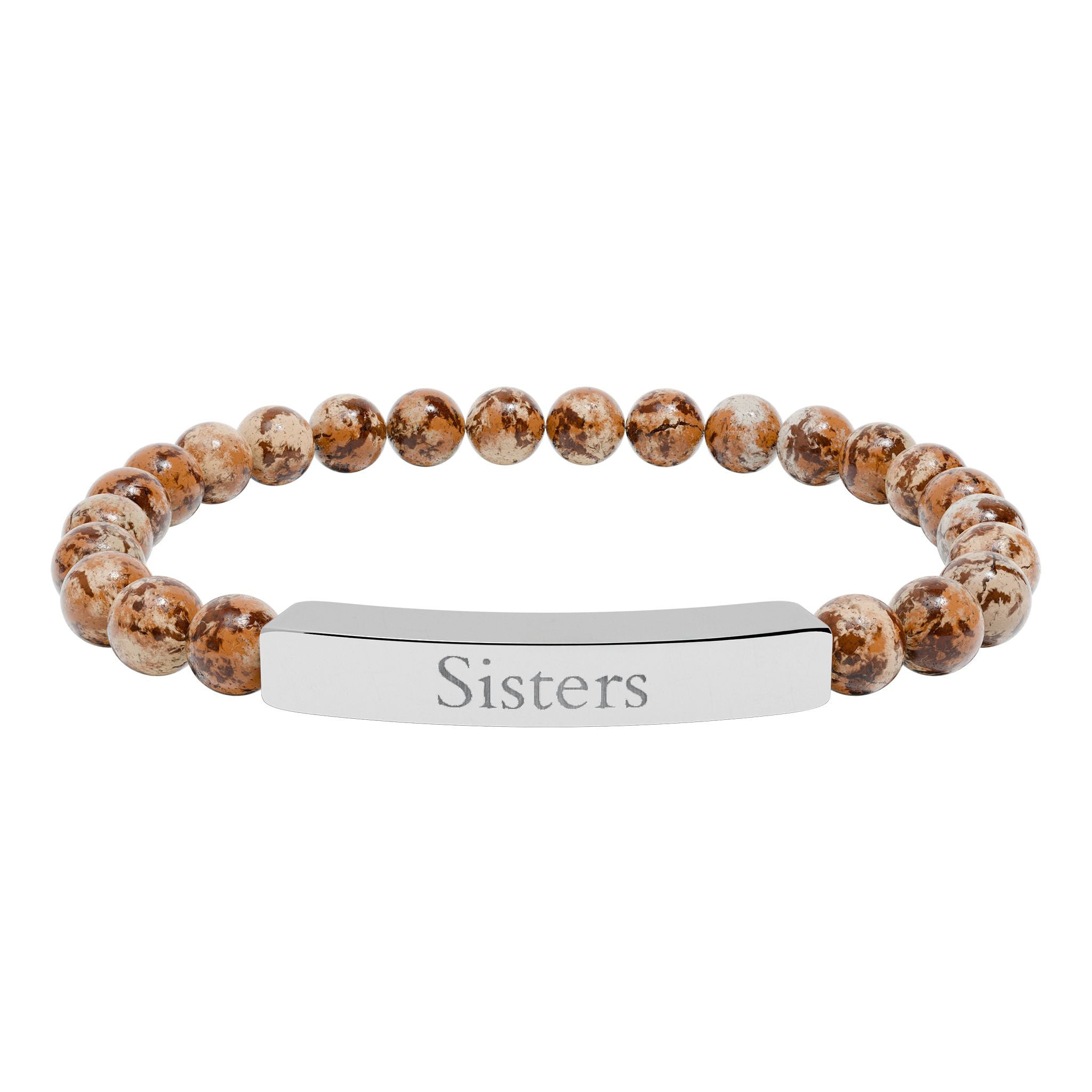 Engraved Natural Stone Bar Bracelet — "Sisters" Stretch Beaded Bracelet