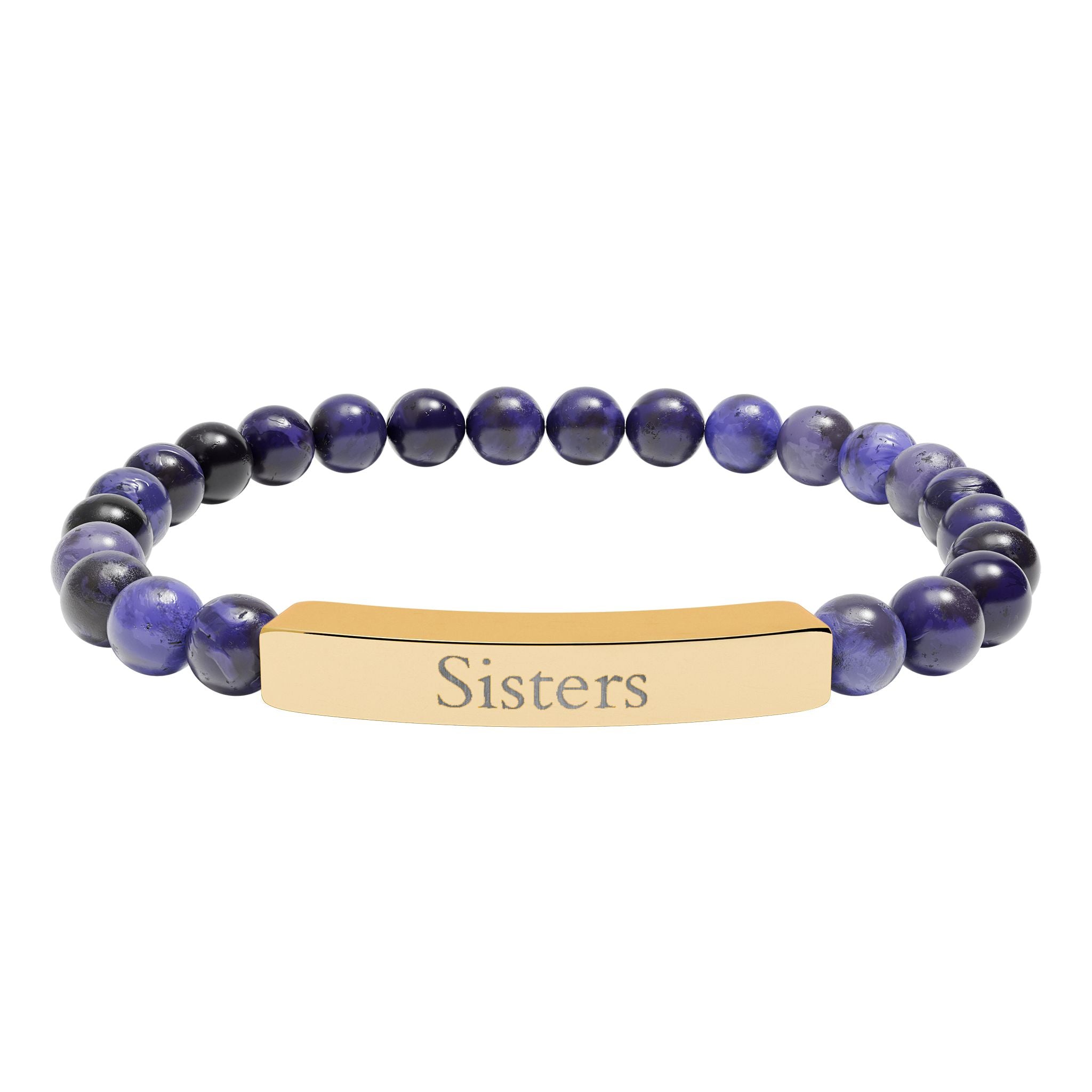Engraved Natural Stone Bar Bracelet — "Sisters" Stretch Beaded Bracelet
