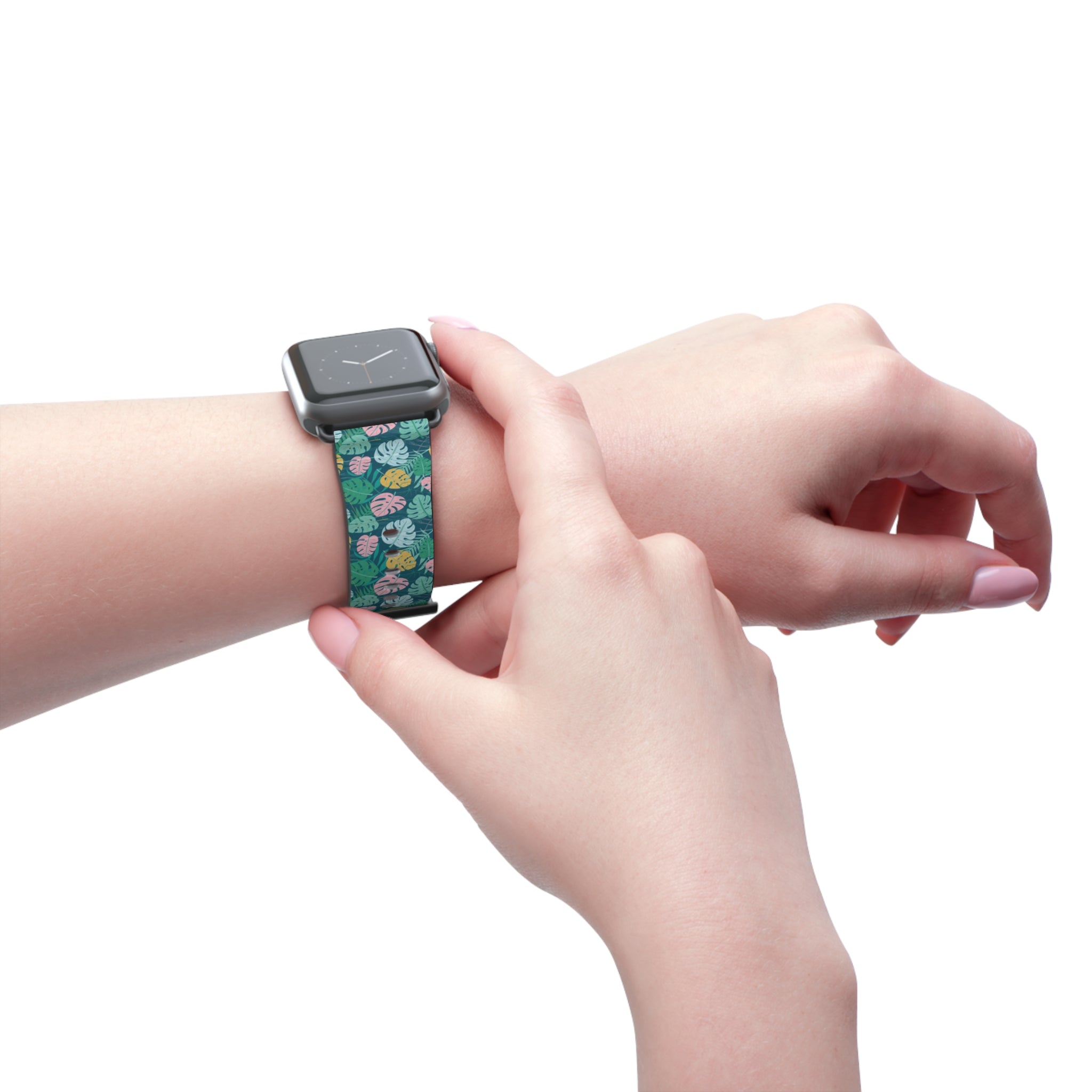 watch band with floral monstera print front hand showing usage
