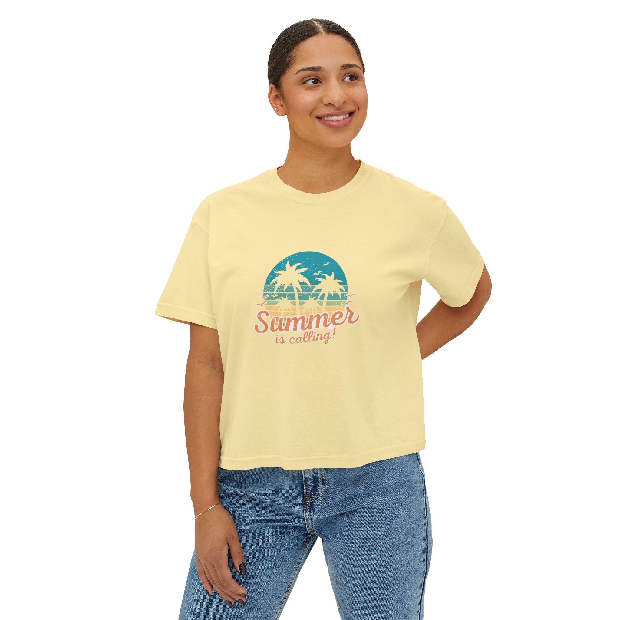 Summer Is Calling Women's Boxy Tee — Retro Palm Beach Vacation Tee