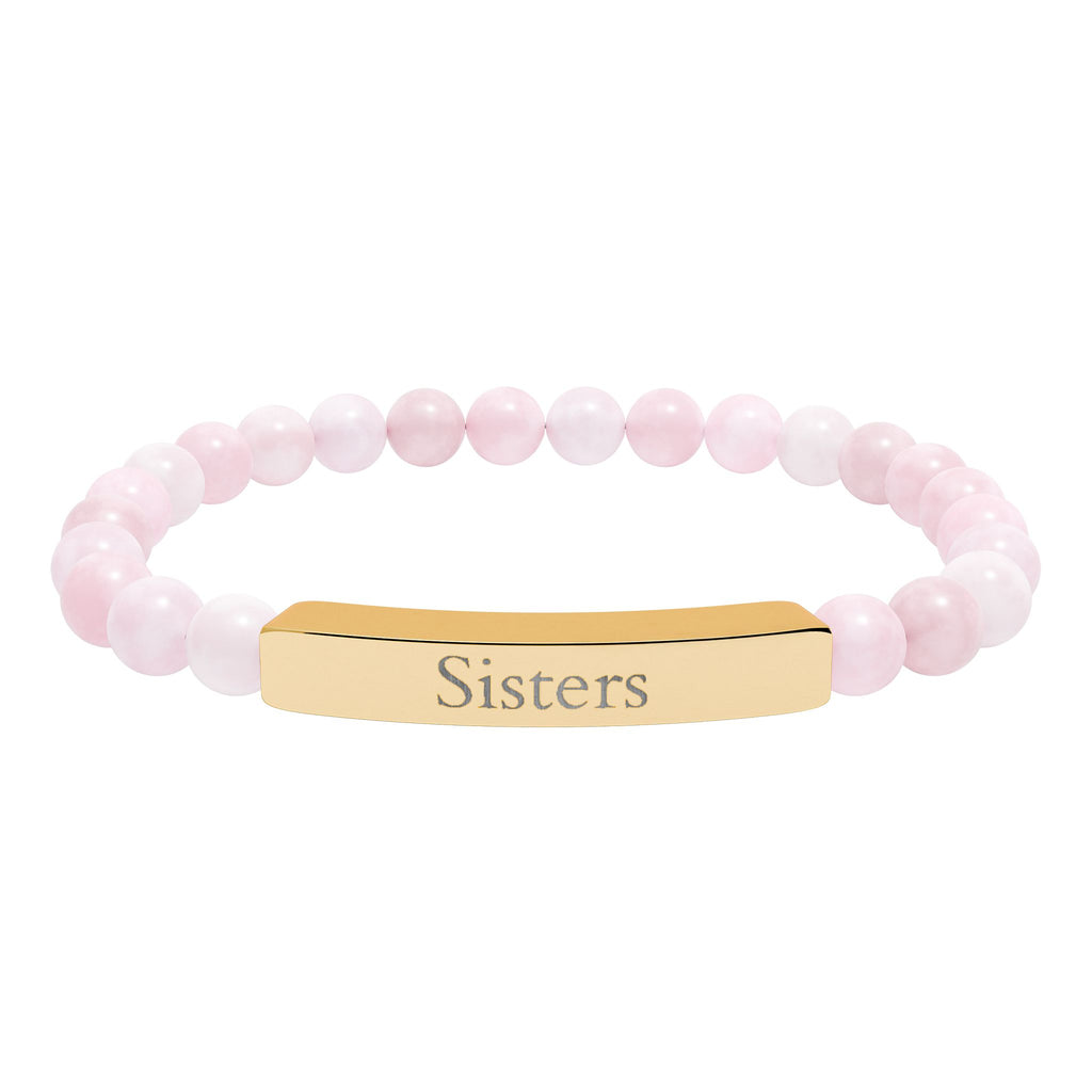 Engraved Natural Stone Bar Bracelet — "Sisters" Stretch Beaded Bracelet