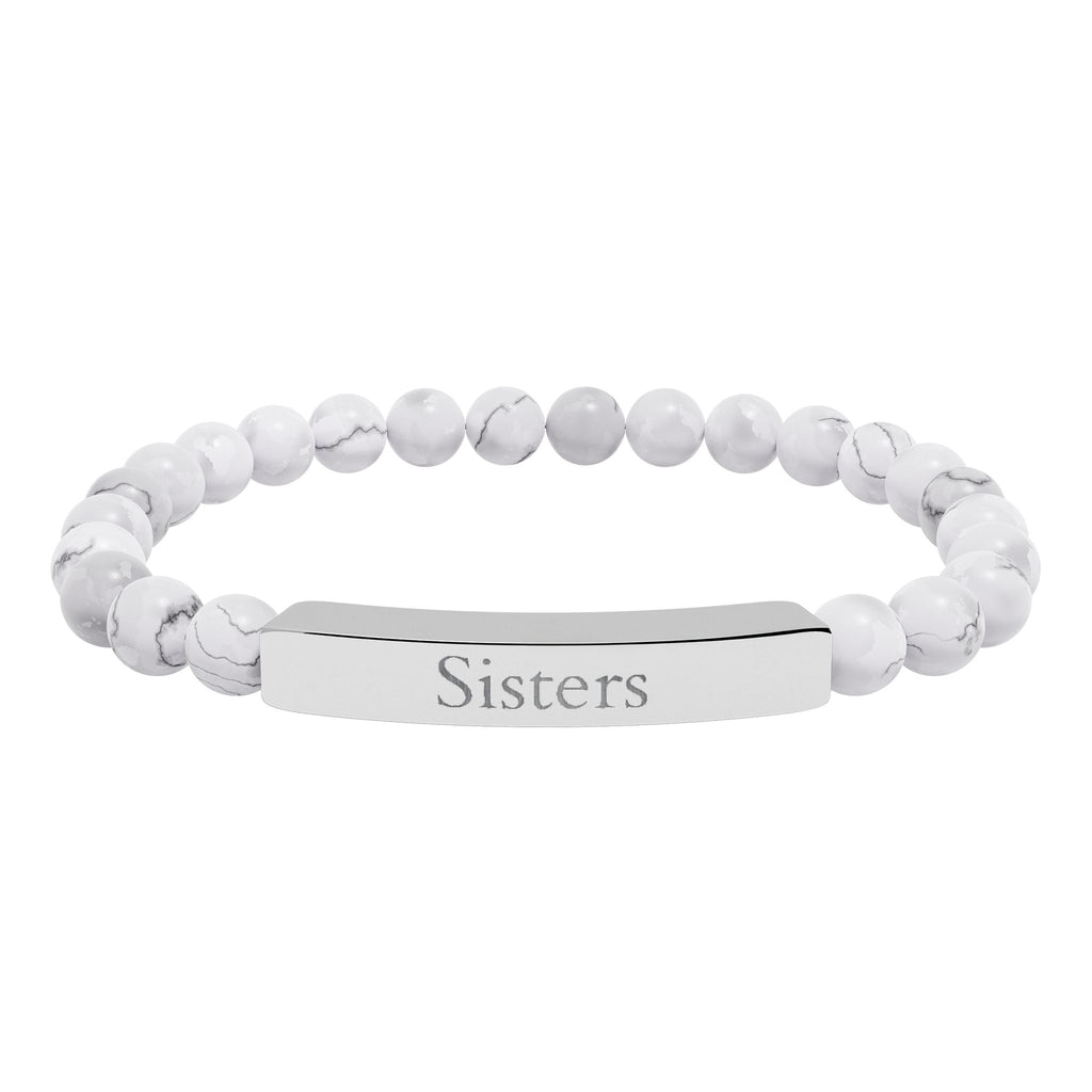 Engraved Natural Stone Bar Bracelet — "Sisters" Stretch Beaded Bracelet
