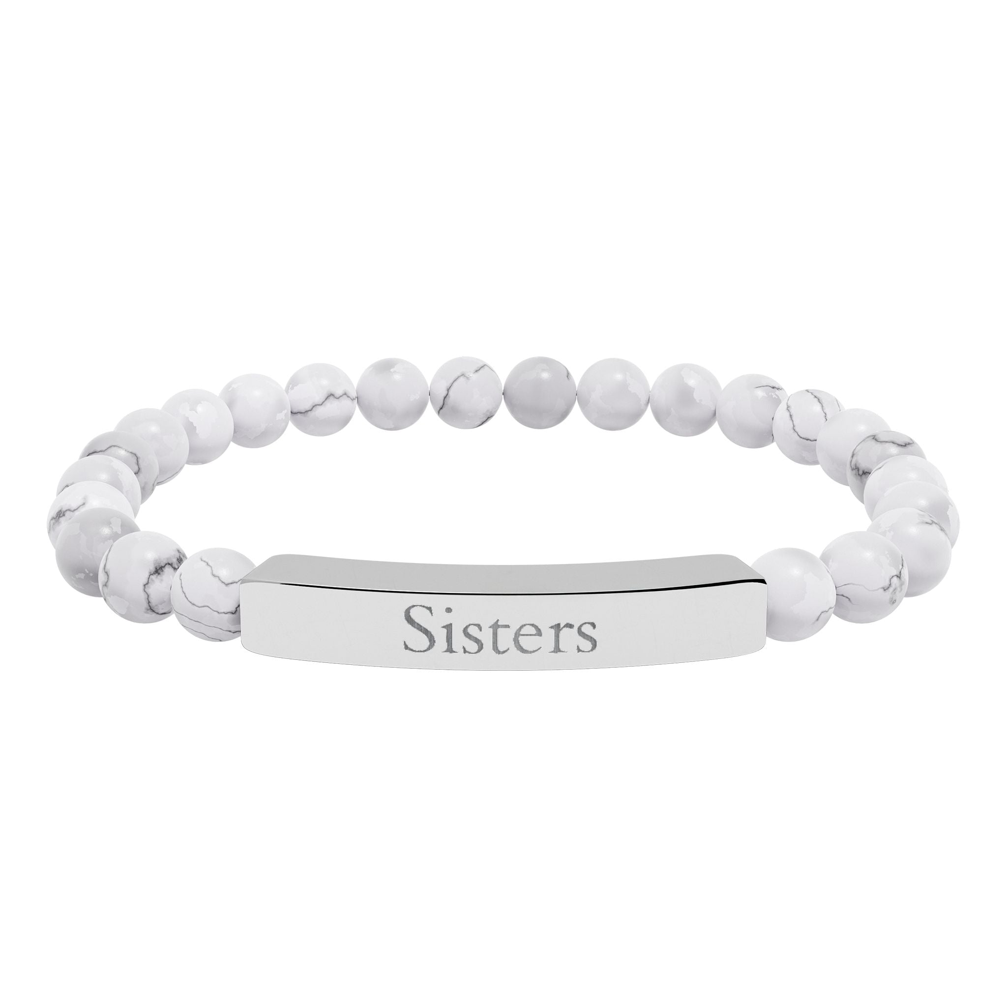 Engraved Natural Stone Bar Bracelet — "Sisters" Stretch Beaded Bracelet