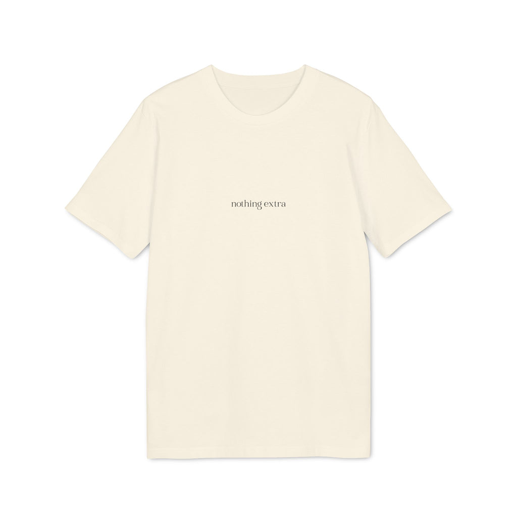Minimal beige organic cotton t-shirt with “nothing extra” text by ELVAE, clean everyday essential. Front