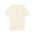 Minimal beige organic cotton t-shirt with “nothing extra” text by ELVAE, clean everyday essential. Front