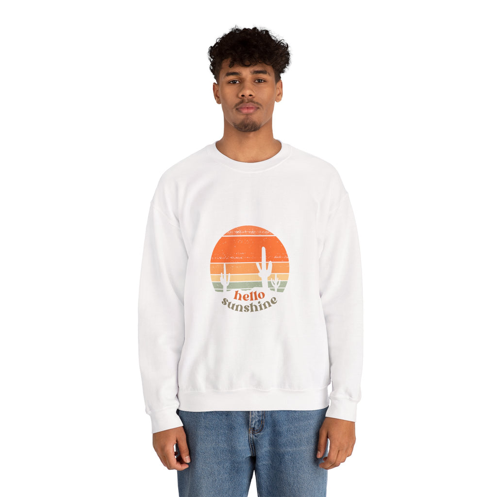 Hello Sunshine Crewneck Sweatshirt — Retro Sunset Cactus Graphic