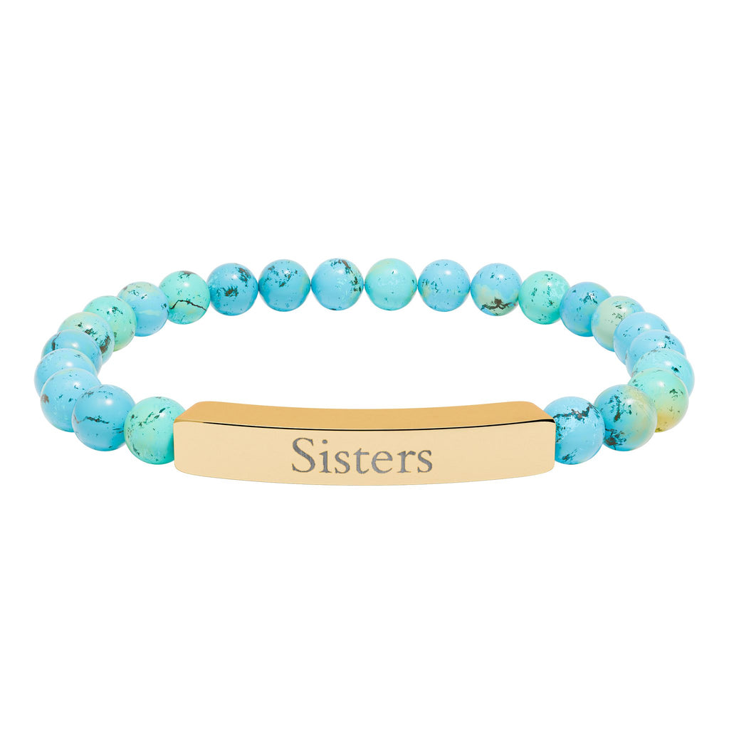 Engraved Natural Stone Bar Bracelet — "Sisters" Stretch Beaded Bracelet
