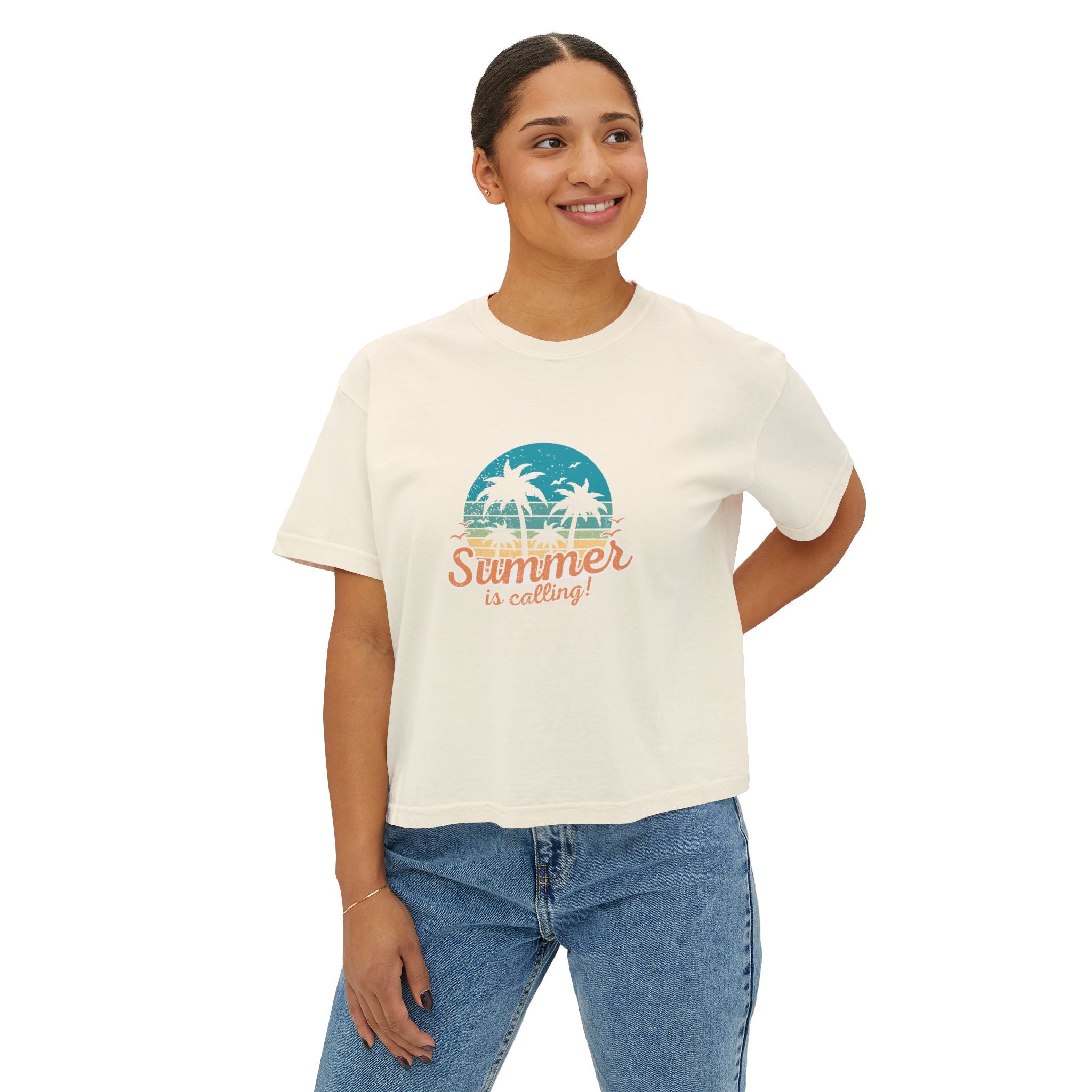Summer Is Calling Women's Boxy Tee — Retro Palm Beach Vacation Tee
