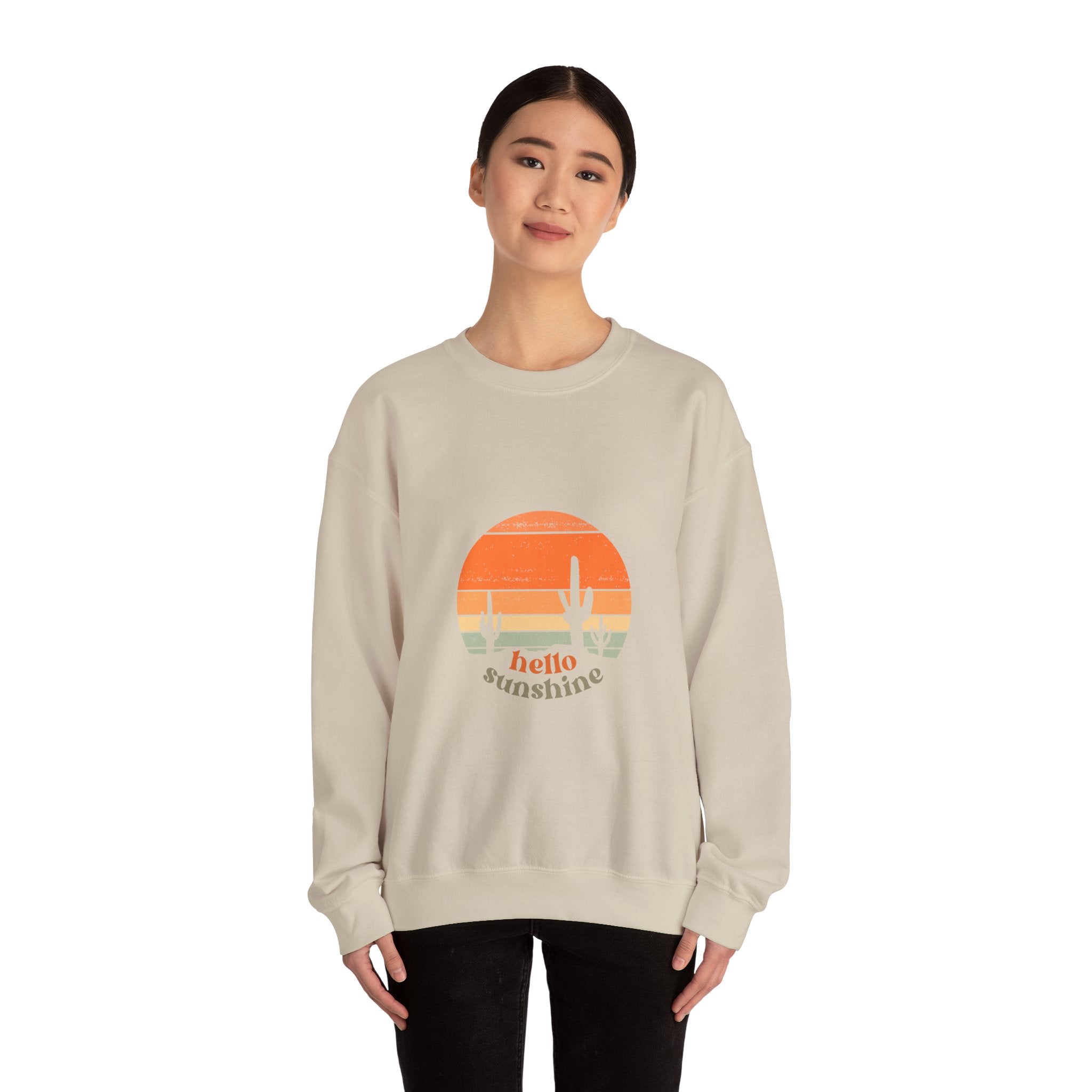 Hello Sunshine Crewneck Sweatshirt — Retro Sunset Cactus Graphic