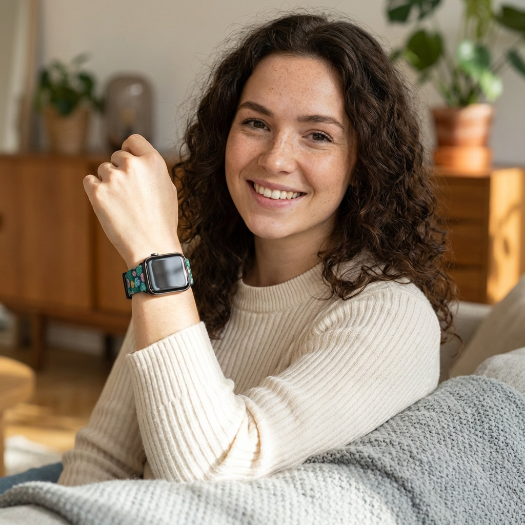 watch band with floral monstera print front with model 
