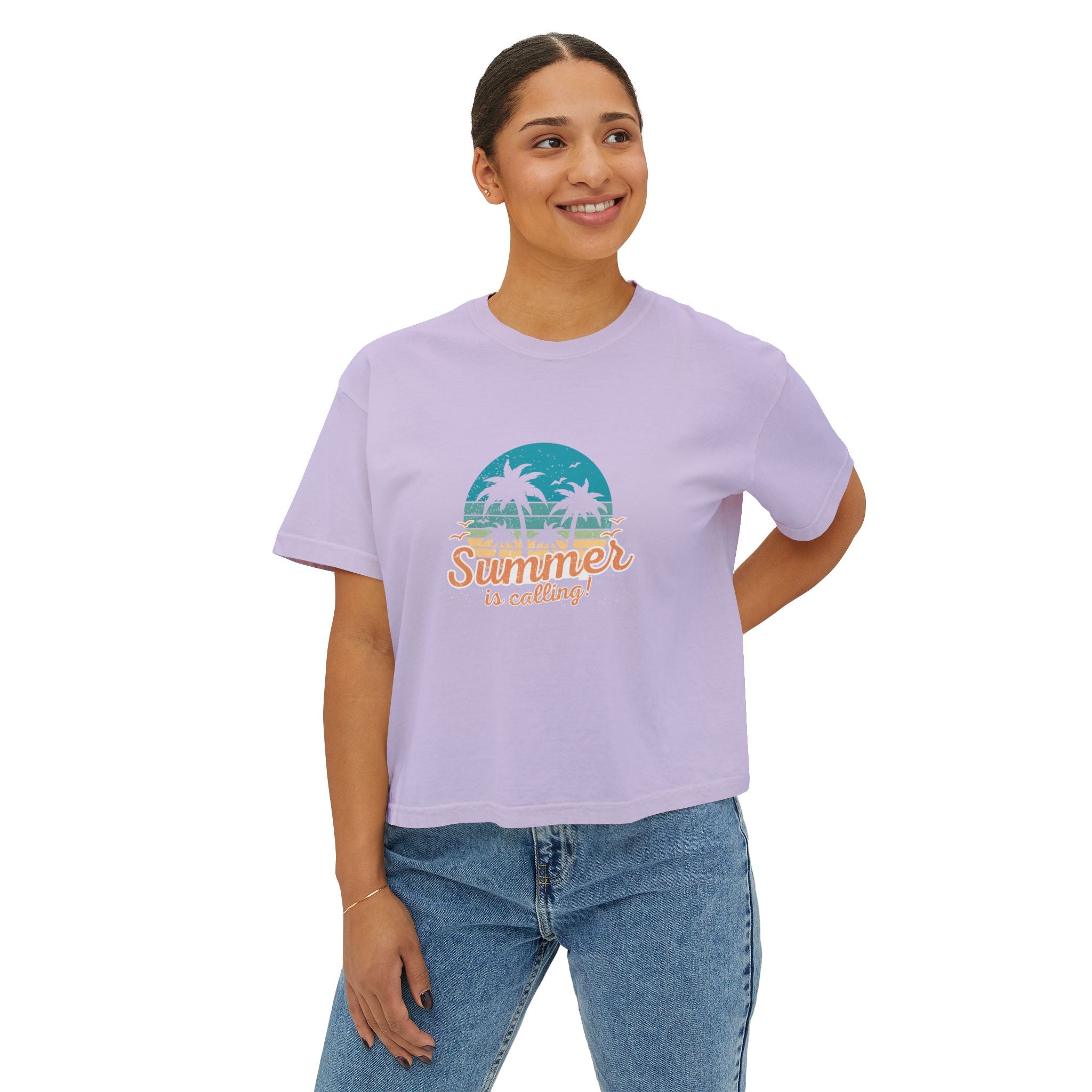 Summer Is Calling Women's Boxy Tee — Retro Palm Beach Vacation Tee