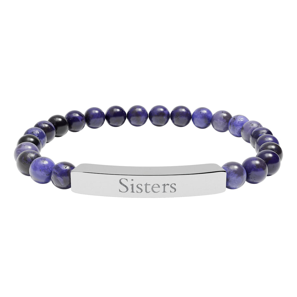 Engraved Natural Stone Bar Bracelet — "Sisters" Stretch Beaded Bracelet