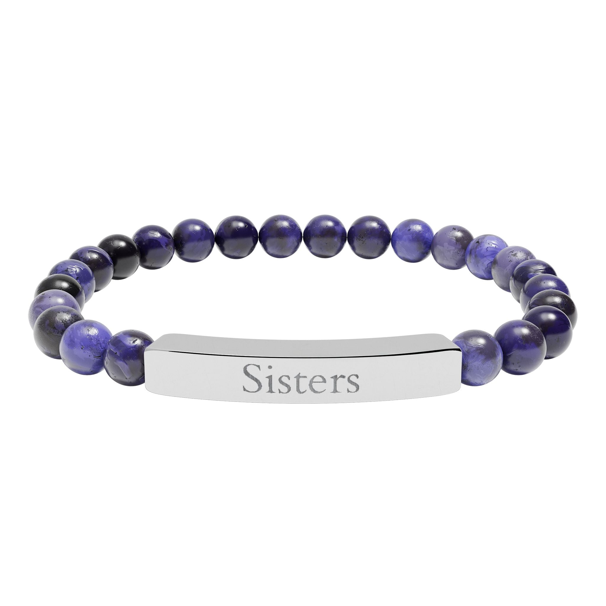 Engraved Natural Stone Bar Bracelet — "Sisters" Stretch Beaded Bracelet