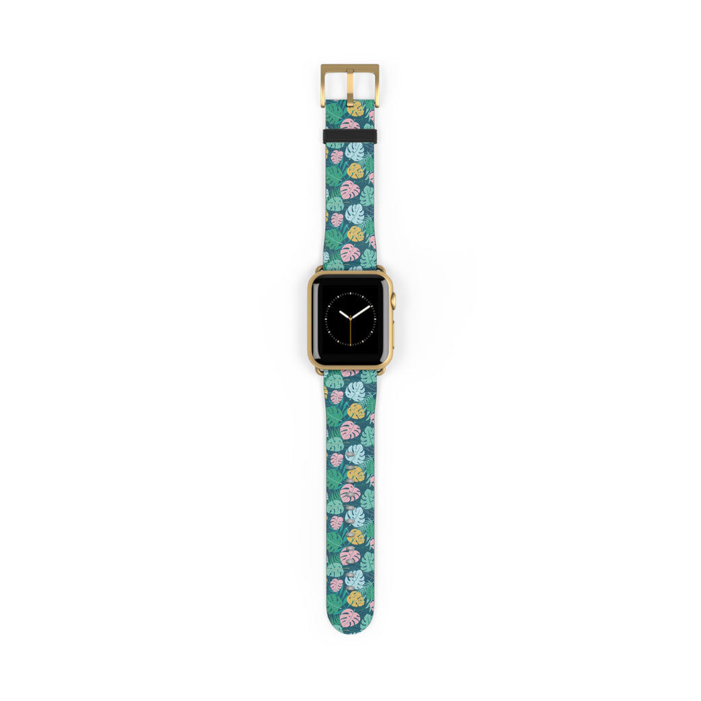 watch band with floral monstera print front gold detail