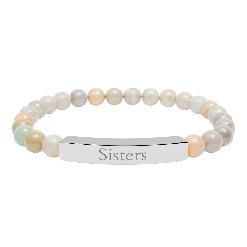 Engraved Natural Stone Bar Bracelet — "Sisters" Stretch Beaded Bracelet