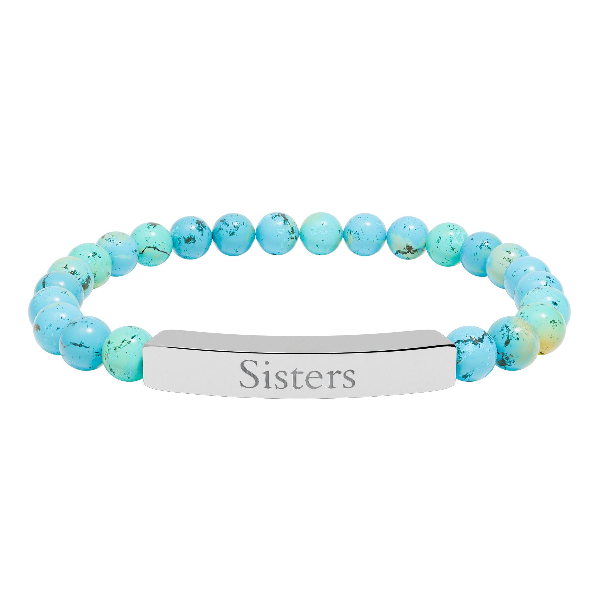 Engraved Natural Stone Bar Bracelet — "Sisters" Stretch Beaded Bracelet