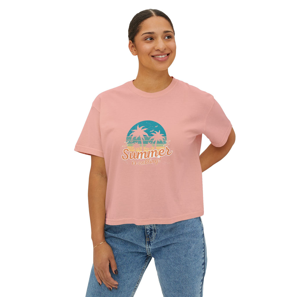 Summer Is Calling Women's Boxy Tee — Retro Palm Beach Vacation Tee
