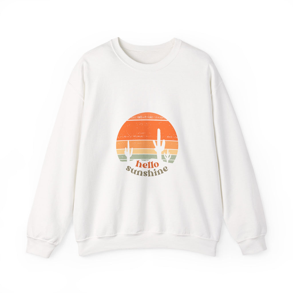 Hello Sunshine Crewneck Sweatshirt — Retro Sunset Cactus Graphic