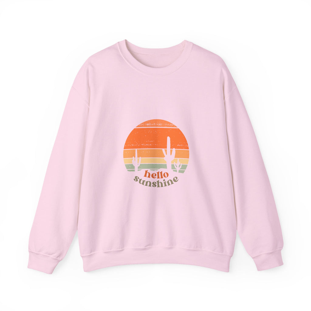 pink sweater with text hello sunshine
