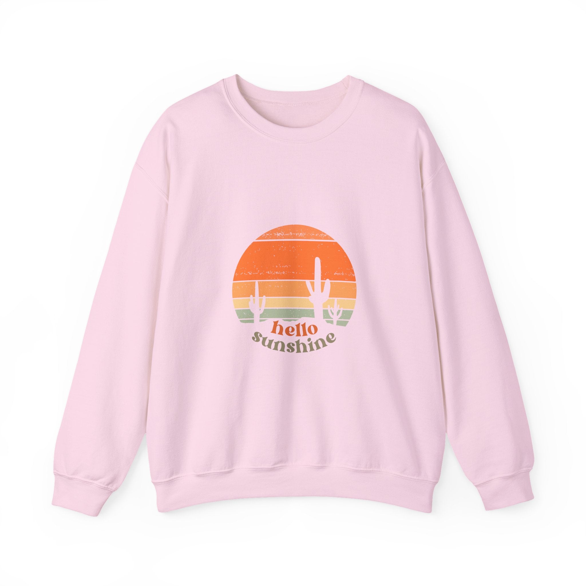 pink sweater with text hello sunshine

