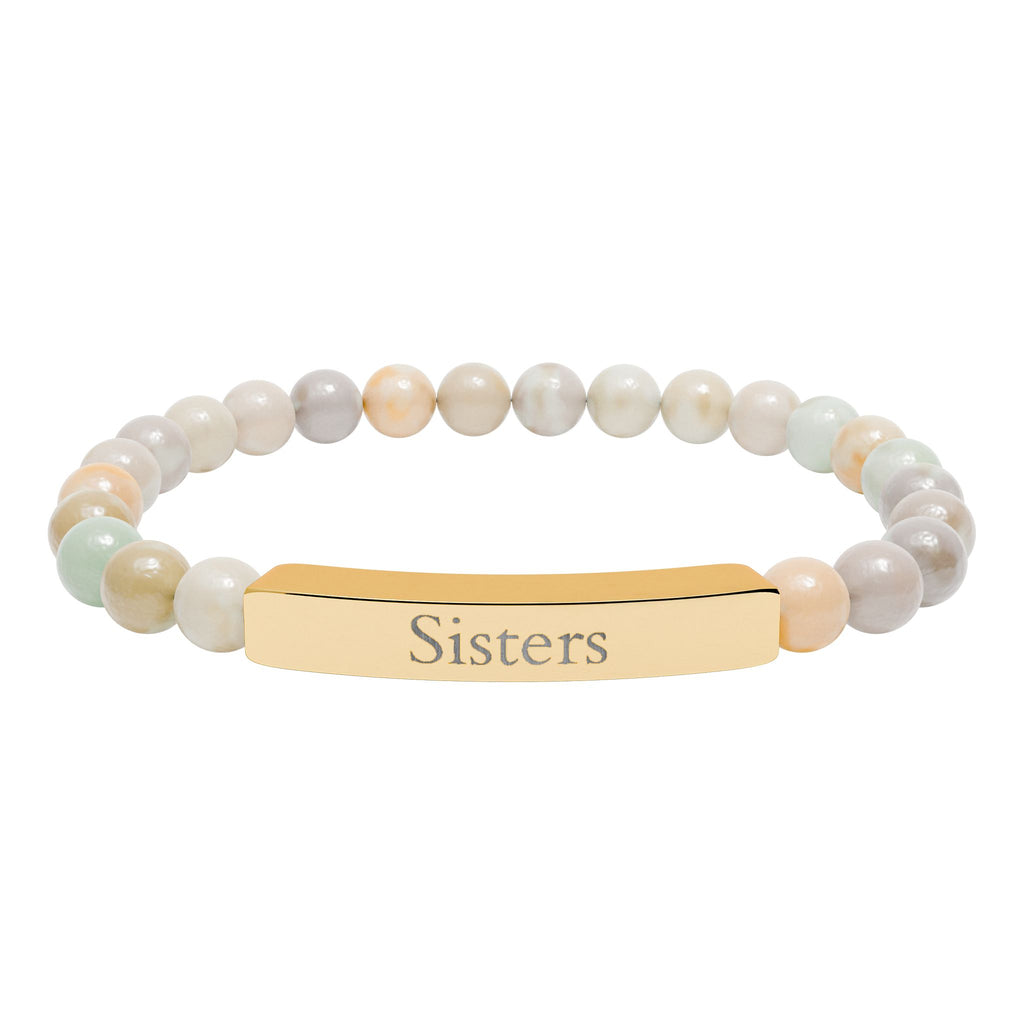 Engraved Natural Stone Bar Bracelet — "Sisters" Stretch Beaded Bracelet