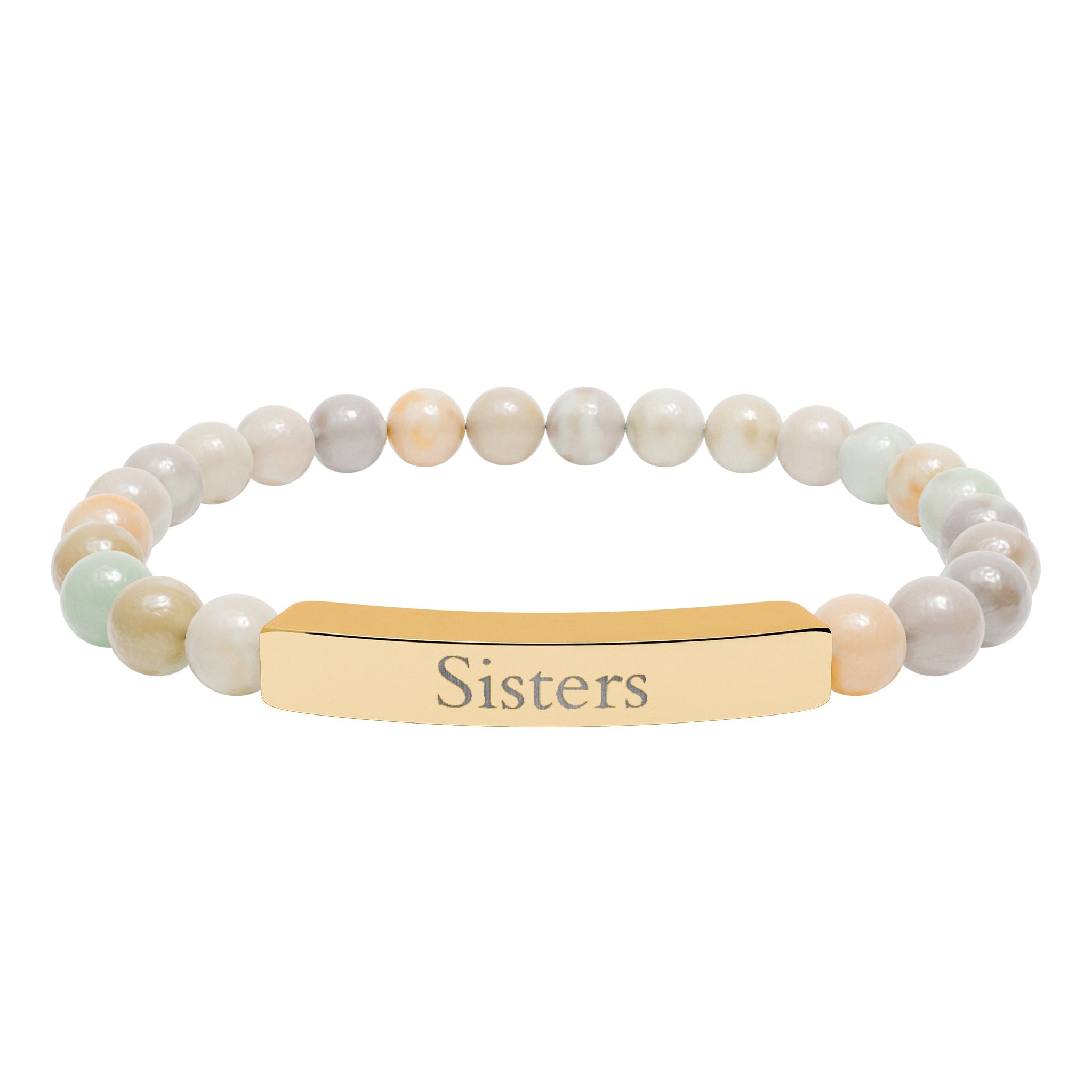Engraved Natural Stone Bar Bracelet — "Sisters" Stretch Beaded Bracelet