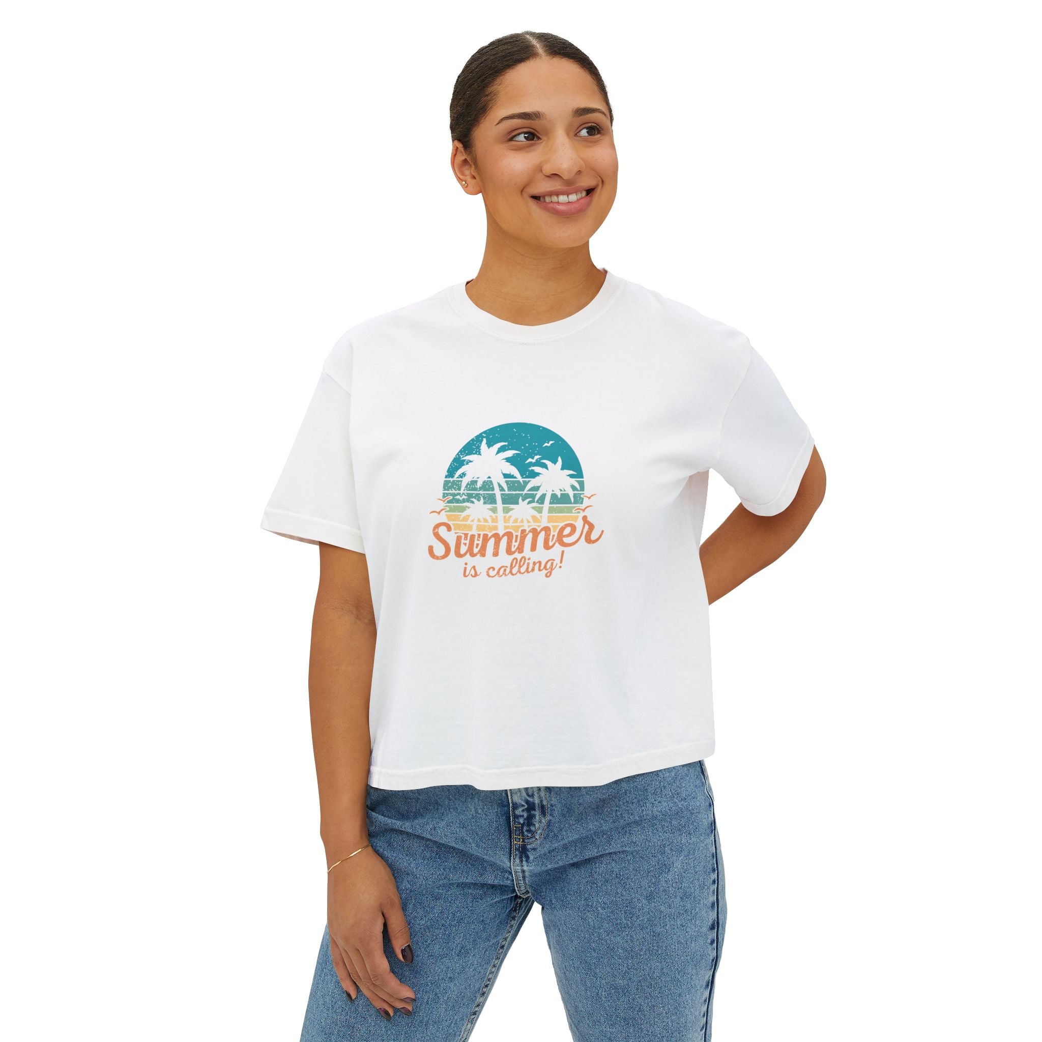 Summer Is Calling Women's Boxy Tee — Retro Palm Beach Vacation Tee