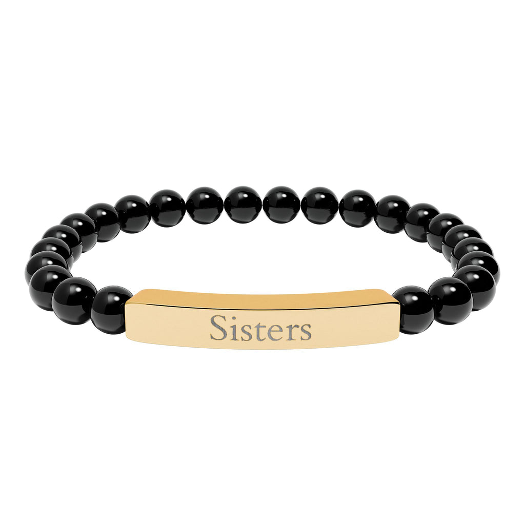 Engraved Natural Stone Bar Bracelet — "Sisters" Stretch Beaded Bracelet