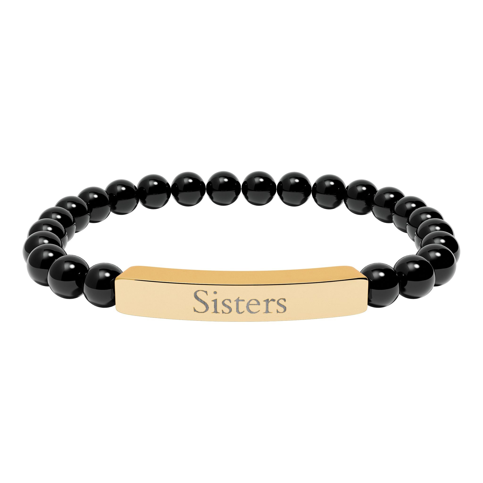Engraved Natural Stone Bar Bracelet — "Sisters" Stretch Beaded Bracelet