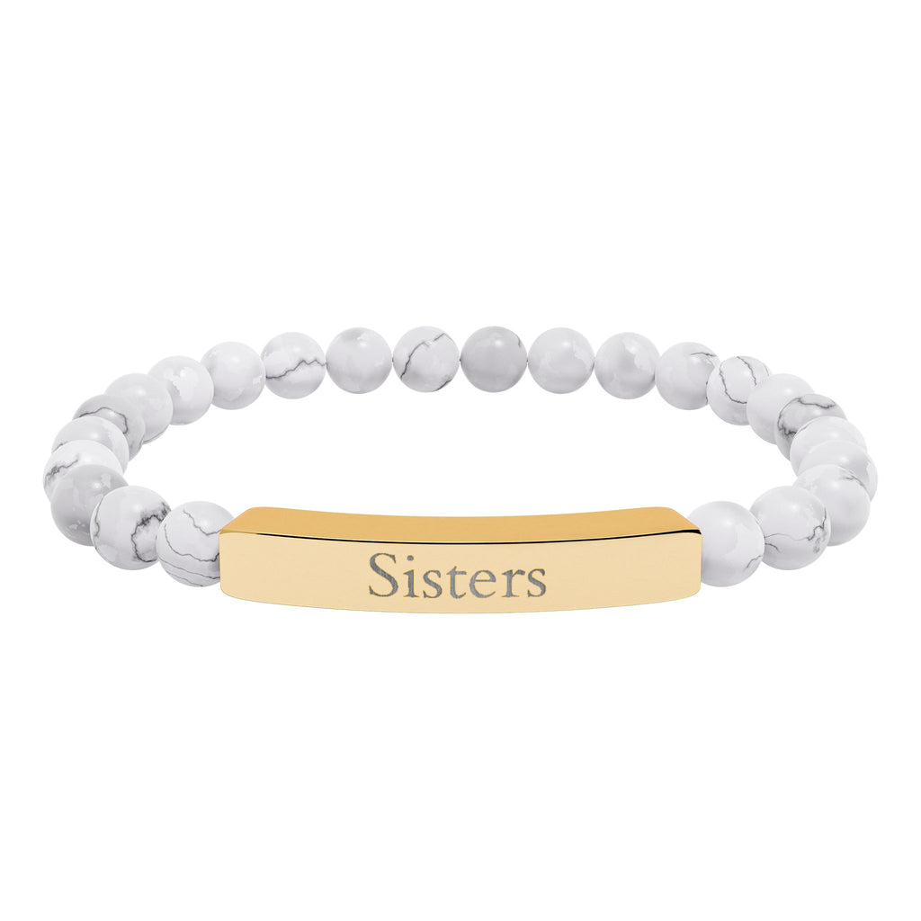 Engraved Natural Stone Bar Bracelet — "Sisters" Stretch Beaded Bracelet