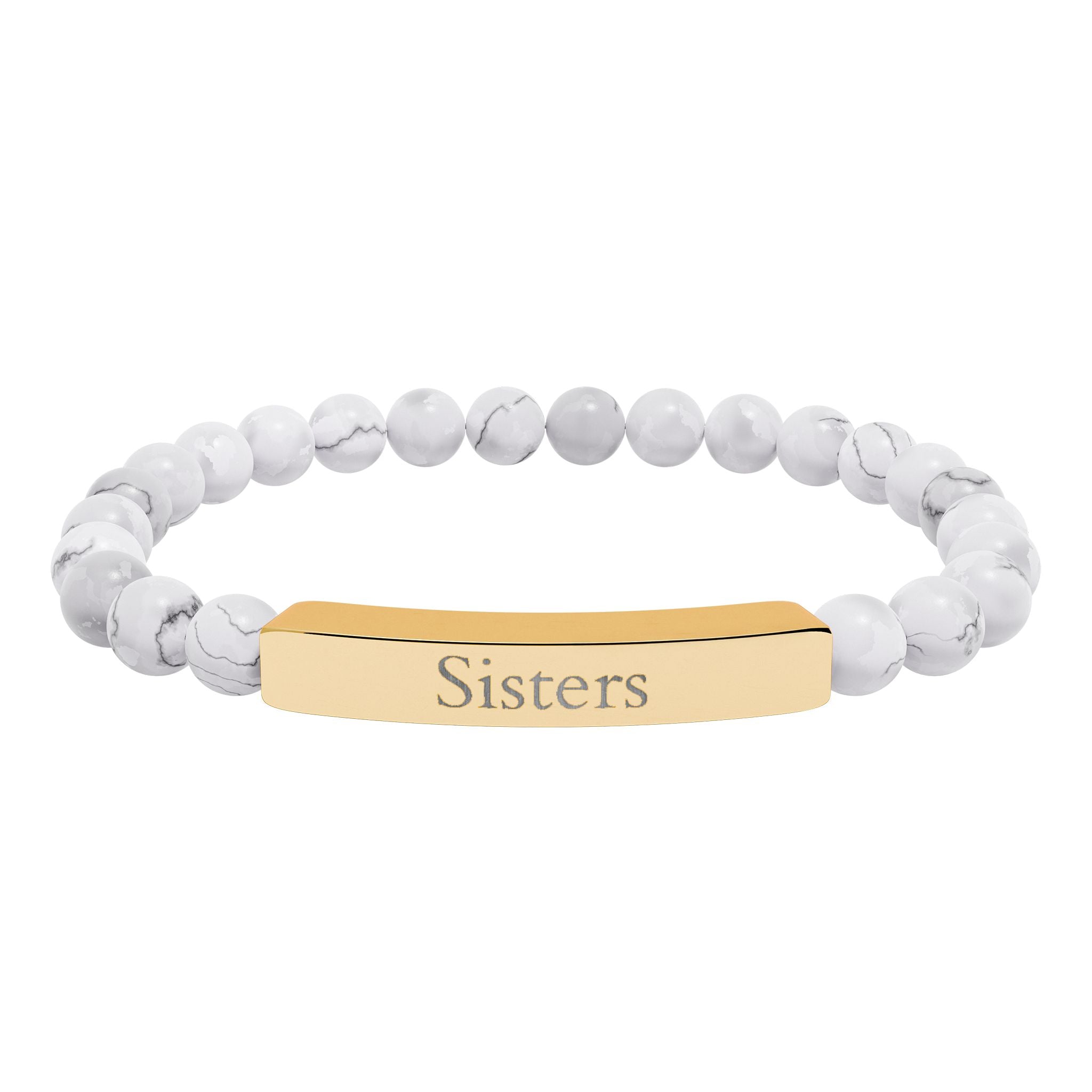 Engraved Natural Stone Bar Bracelet — "Sisters" Stretch Beaded Bracelet