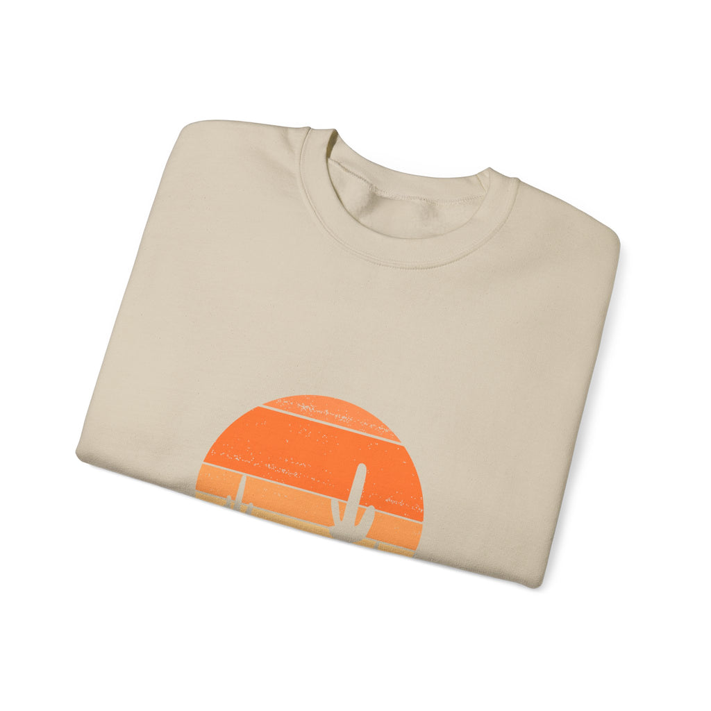 Hello Sunshine Crewneck Sweatshirt — Retro Sunset Cactus Graphic