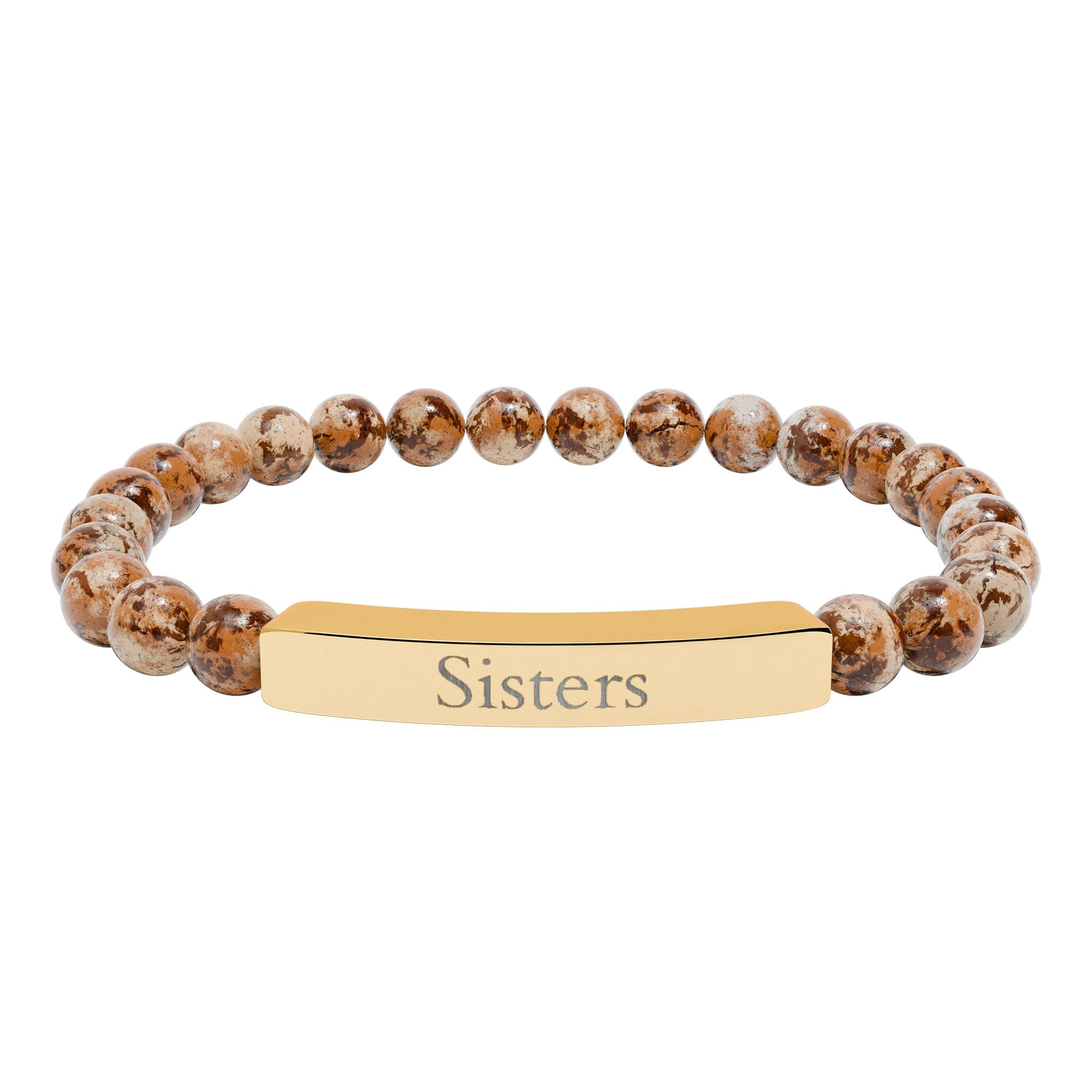 Engraved Natural Stone Bar Bracelet — "Sisters" Stretch Beaded Bracelet