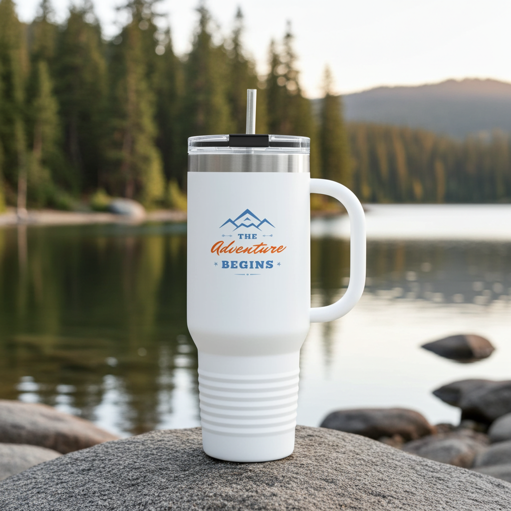 40oz Insulated Travel Mug — “The Adventure Begins” Mountain Stainless Tumbler