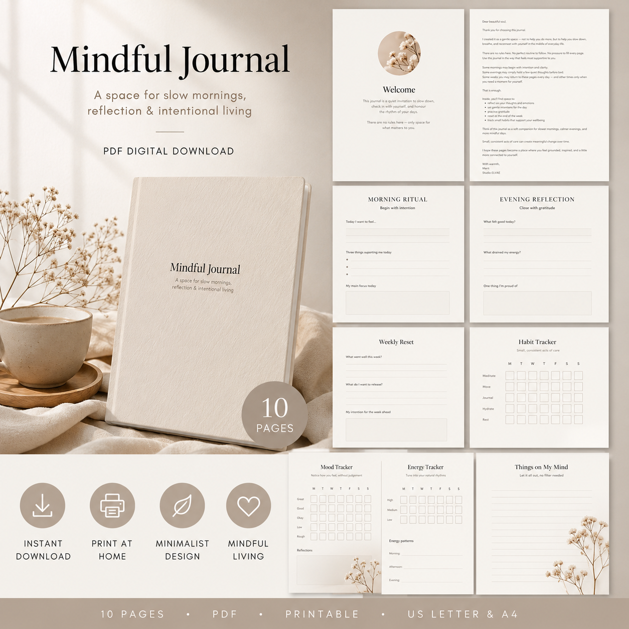 Mindful Journal PDF | Minimalist Wellness & Self-Care Journal