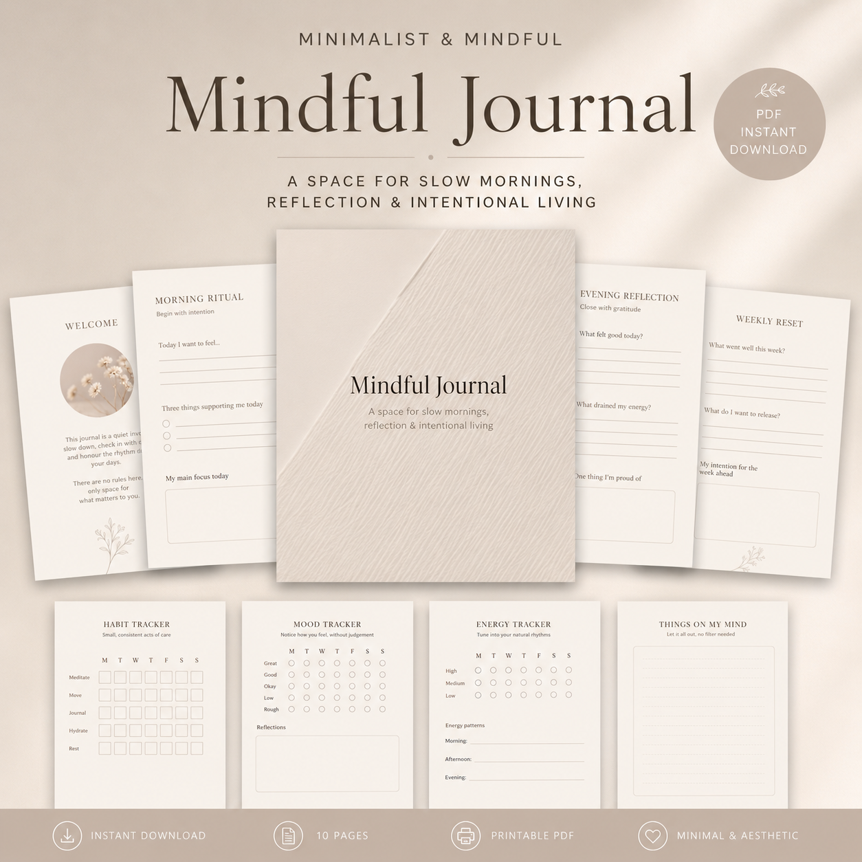 Mindful Journal PDF | Minimalist Wellness & Self-Care Journal